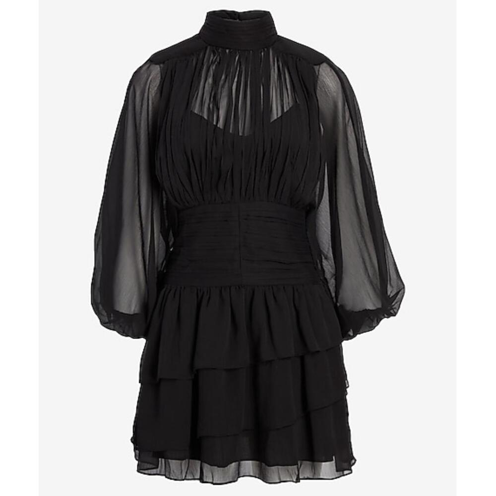 NWT Black High Neck Pleated Layered Dress With Long Sleeves Womens - Picture 2 of 4
